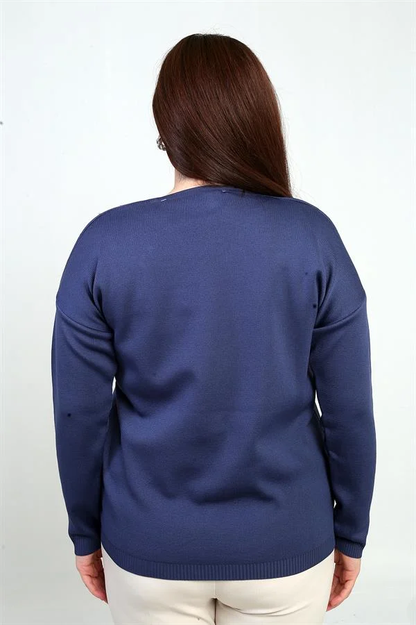 Kadın V Yaka Büyük Beden Taşlı Triko Bluz