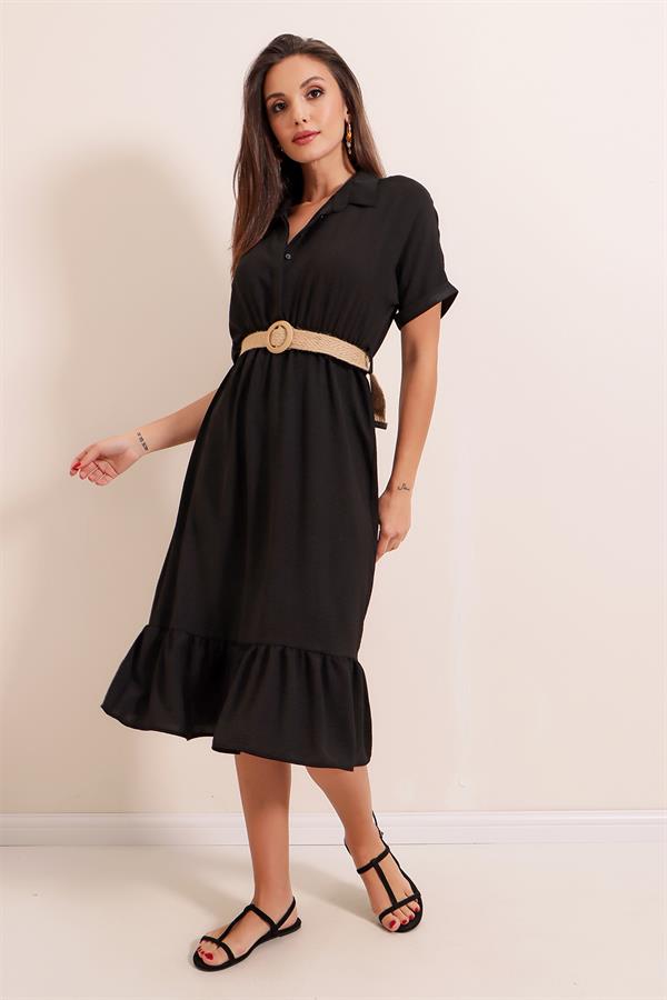 Gömlek Yaka Kemerli Ayrobin Elbise