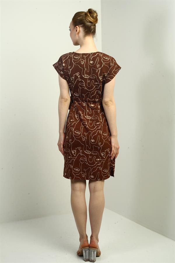 Women's Half-Front Button-Down, Drawstring Waist, Embroidered Dress