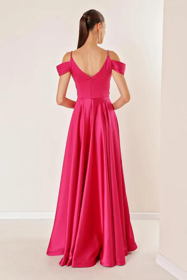 İp Askılı Düşük Kollu Taş Detaylı Önü Drapeli Astarlı Uzun Saten Abiye Elbise