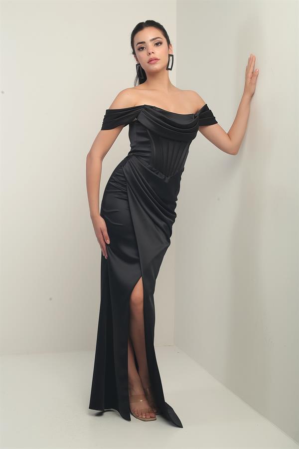 Kadın Straplez Düşük Kollu Astarlı Balenli Saten Uzun Elbise