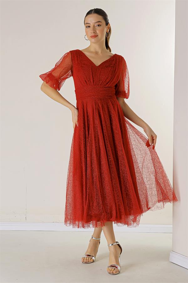 Front and Back V-Neck Short Balloon Sleeved Lined Spider Pattern Glitter Dahlia Fabric Dress