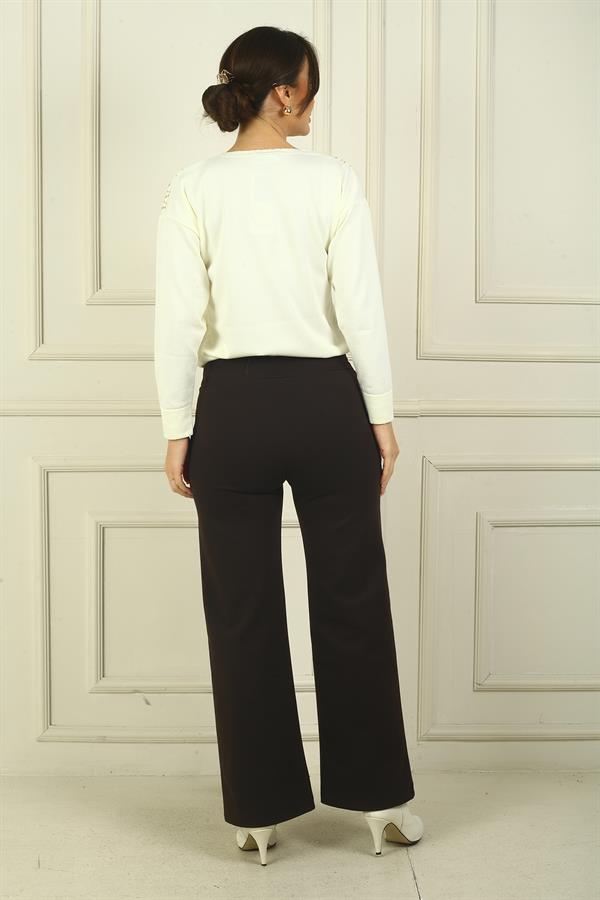 Women's Wide-Leg Steel Trousers with Elastic Waist, Side Pockets, and Trim