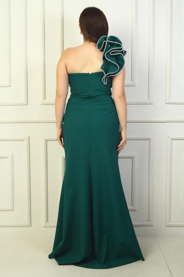 One-Shoulder Lined Crepe Mermaid Dress with Sparkling Stone Details