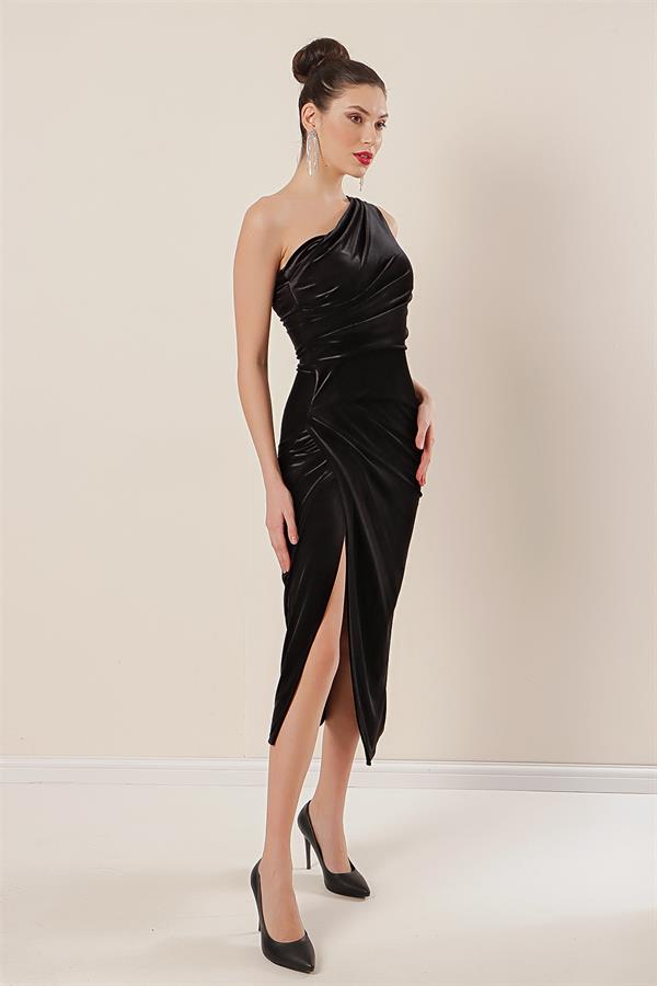 Tek Omuz Önü Büzgülü Kadife Elbise