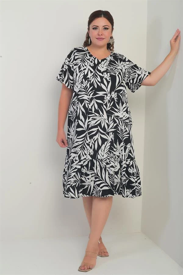 Kadın V Yaka Karışık Yaprak Desenli Cepli Eteği Fırfırlı Büyük Beden Elbise