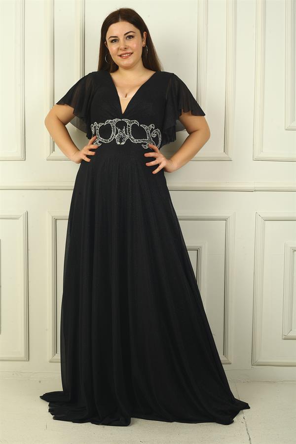 Kadın Ön Arka V Yaka Beli Taş İşlemeli Astarlı Simli Büyük Beden Abiye Elbise