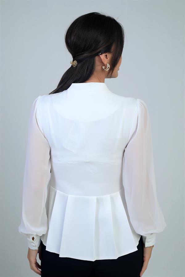 Kadın Omzu Taş İşleme Detaylı Kolları Ve Eteği Şifon Tasarım Bluz