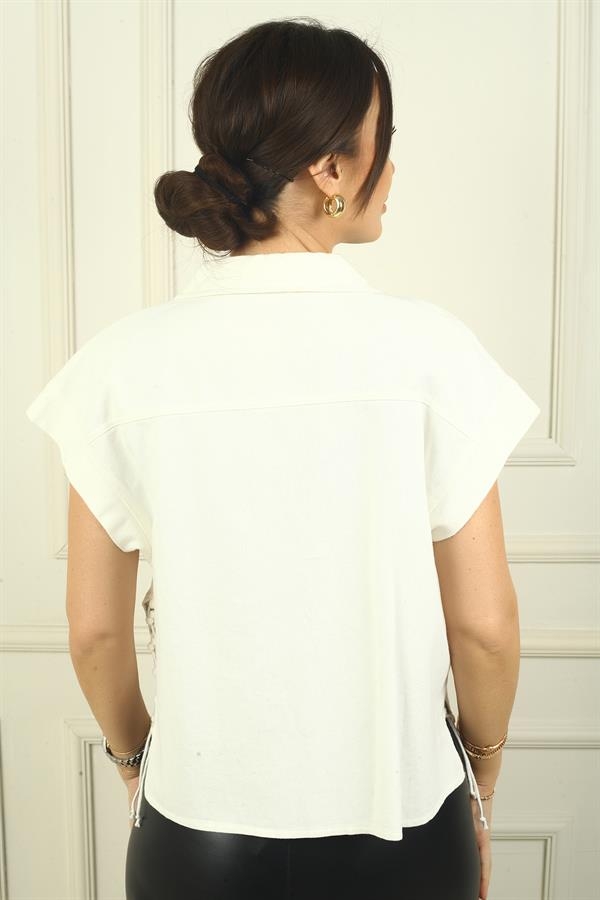 Women's Dropped Sleeve Vest with Side Laces and Metal Buttons at the Front