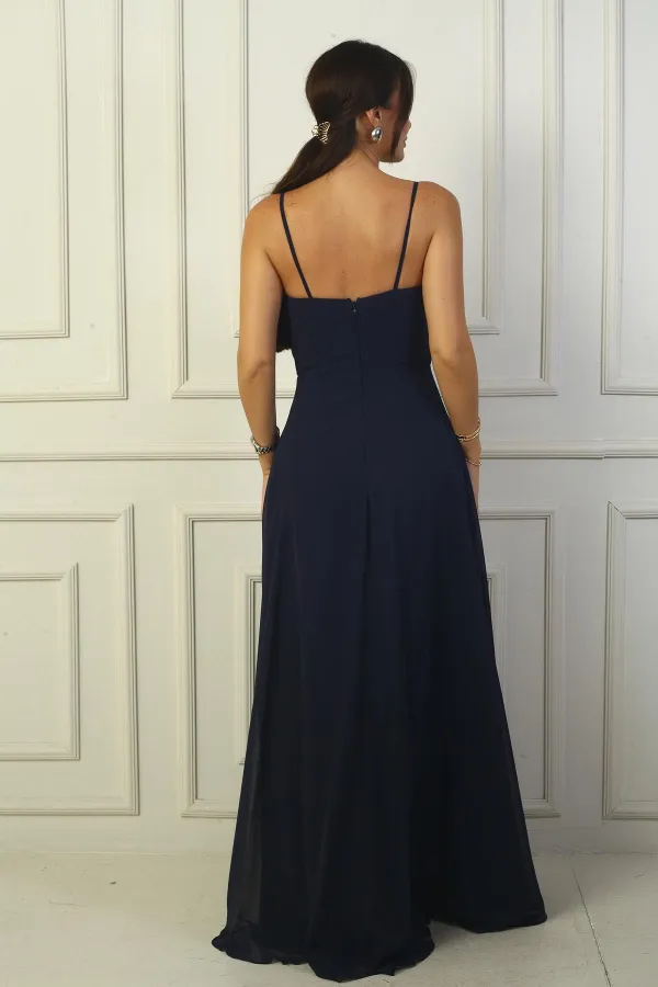 Kadın İp Askılı Drapeli Astarlı Şifon Uzun Elbise