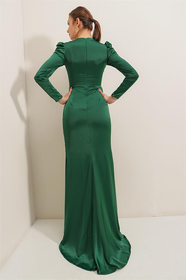 Önü Pile Detaylı Astarlı Uzun Kollu Saten Uzun Elbise