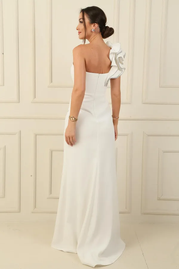 One-Shoulder Lined Crepe Mermaid Dress with Sparkling Stone Details