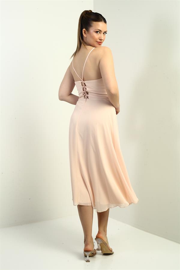 Women's Strappy Wrap Neckline Lined Lace-Up Back Flared Chiffon Dress