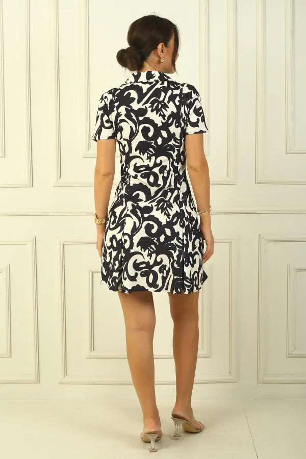 Women's Front Zipper Ethnic Pattern Pleated Crepe Dress