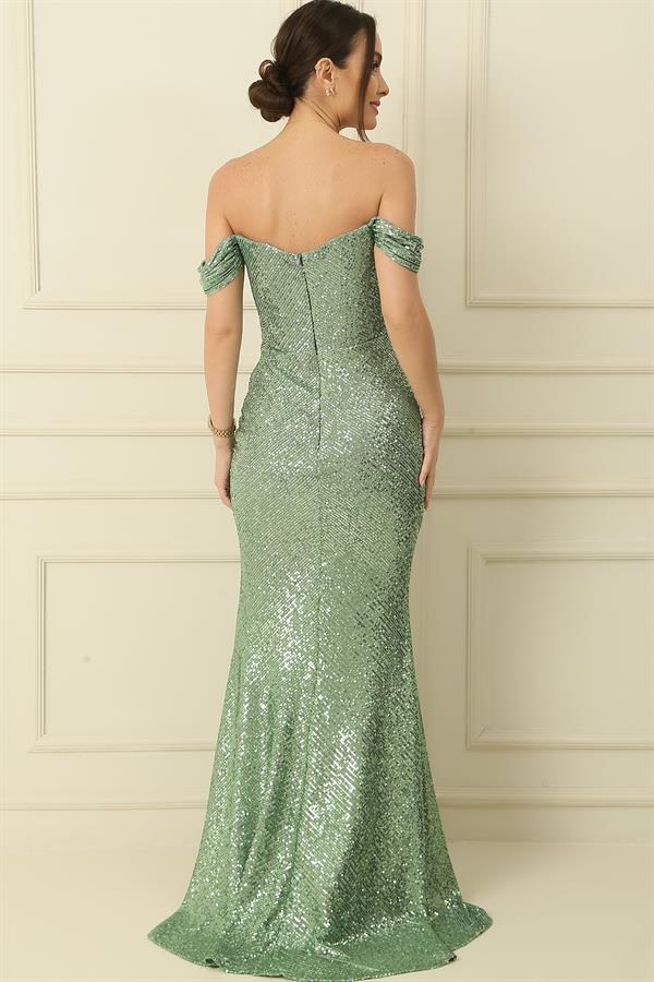 Kalın Askılı Astarlı Önü Büzgülü Pulpayet Uzun Elbise