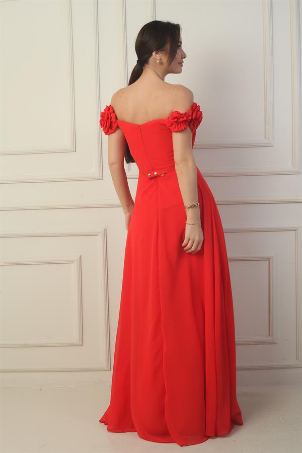 Kadın Yakası Lazer Kesim Çiçek Astarlı Beli Kemerli Uzun Şifon Elbise