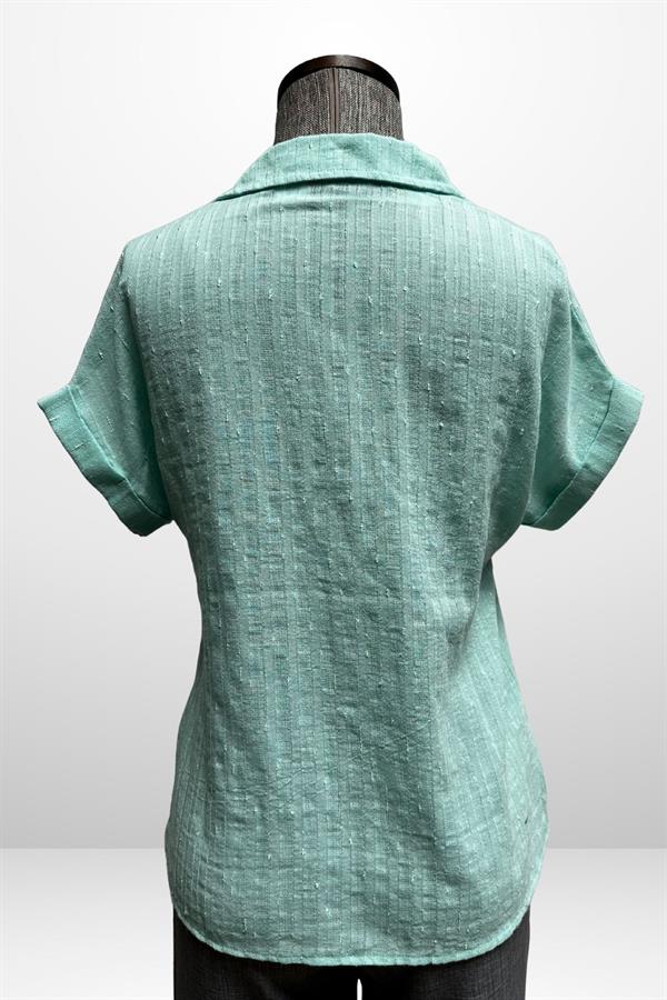 Kadın Polo Yaka Kendinden Desenli Keten Gömlek