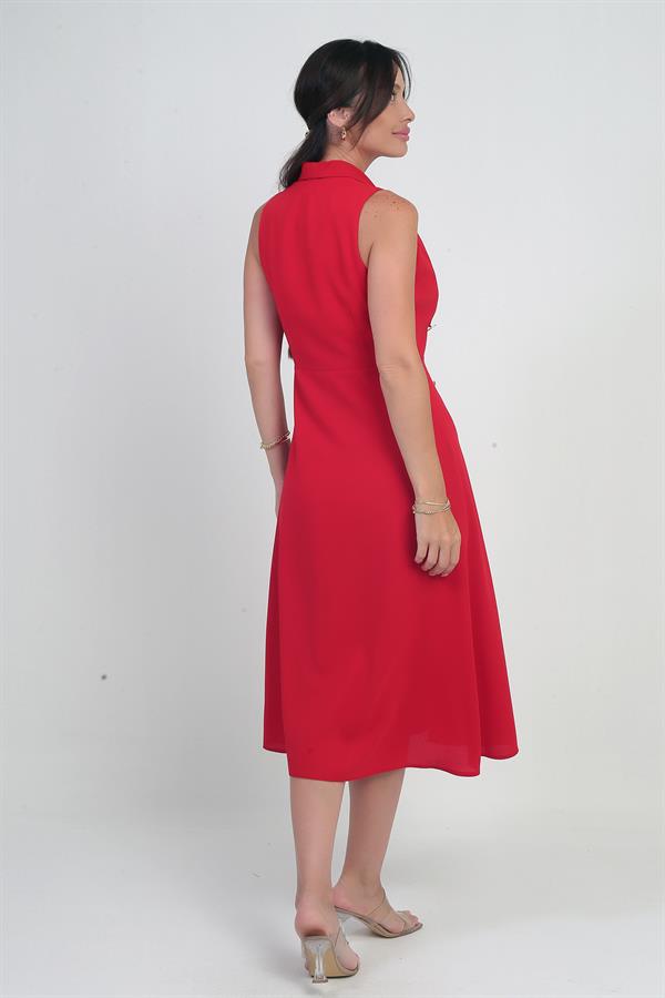 Women's Wrap Neckline Lined Double Slit Button Detail Midi Crepe Dress