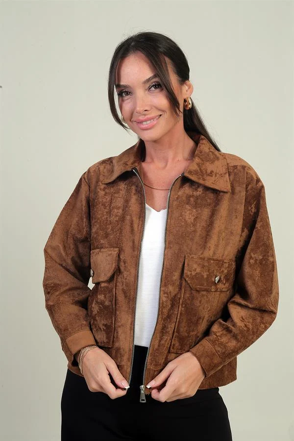 Manteau en daim pour femme avec poche et fermeture éclair sur le devant