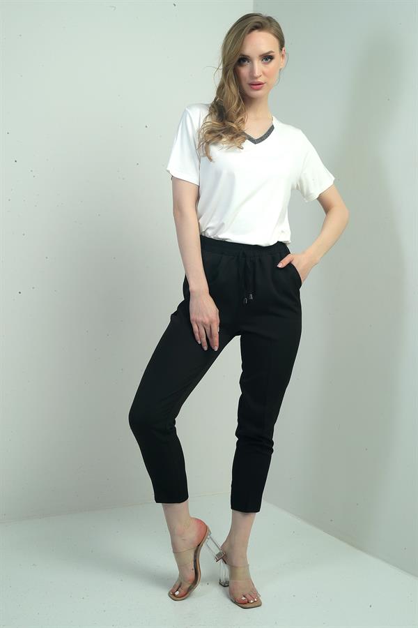 Kadın Beli Lastikli Yandan Cepli Havuç Paça Pantolon
