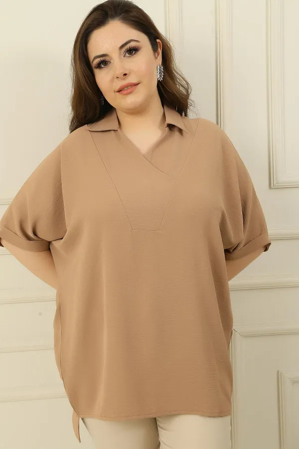 Double Breasted Polo Collar Short Sleeve Ayrobin Plus Size Blouse