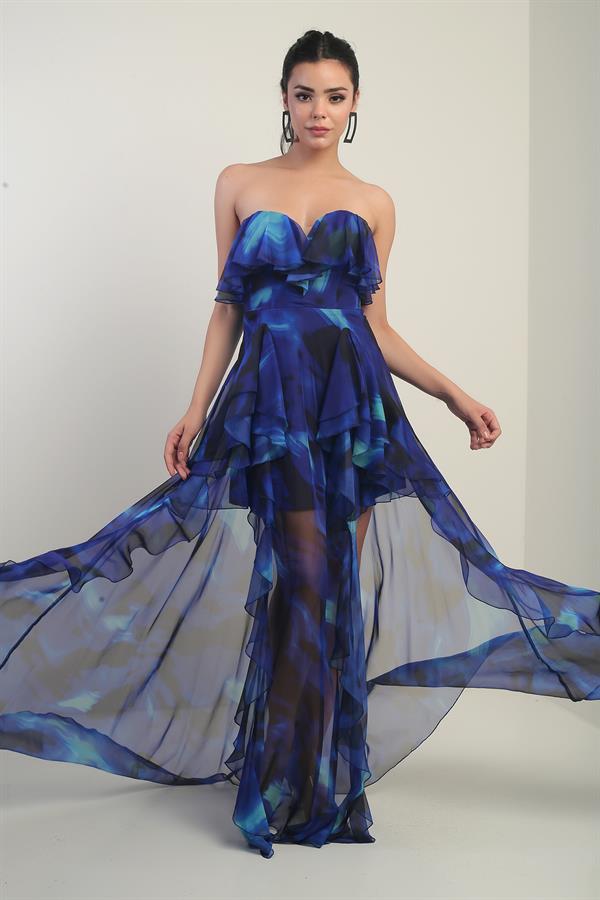 Robe longue bustier doublée en mousseline à volants et imprimé floral pour femme