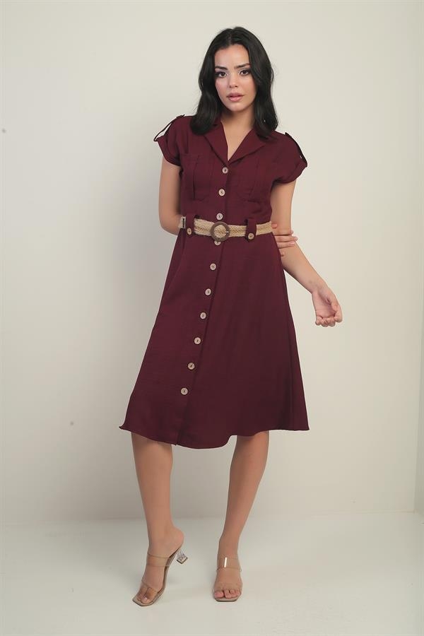 Women's Collared Off-Shoulder Double Pocket Belted Linen Effect Dress