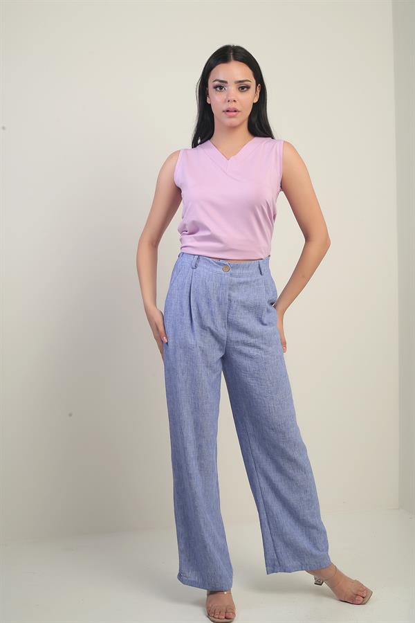 Women's Palazzo Pants with Elastic Waistband, Pockets and Pleat Details