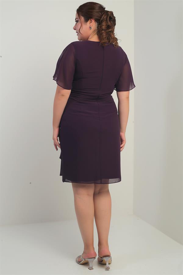 Women's Shoulder and Waist Crystal Stone Lined Handkerchief Plus Size Chiffon Dress