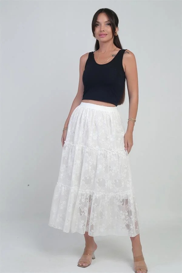 Jupe courte en tulle fleuri doublée à taille élastique pour femme