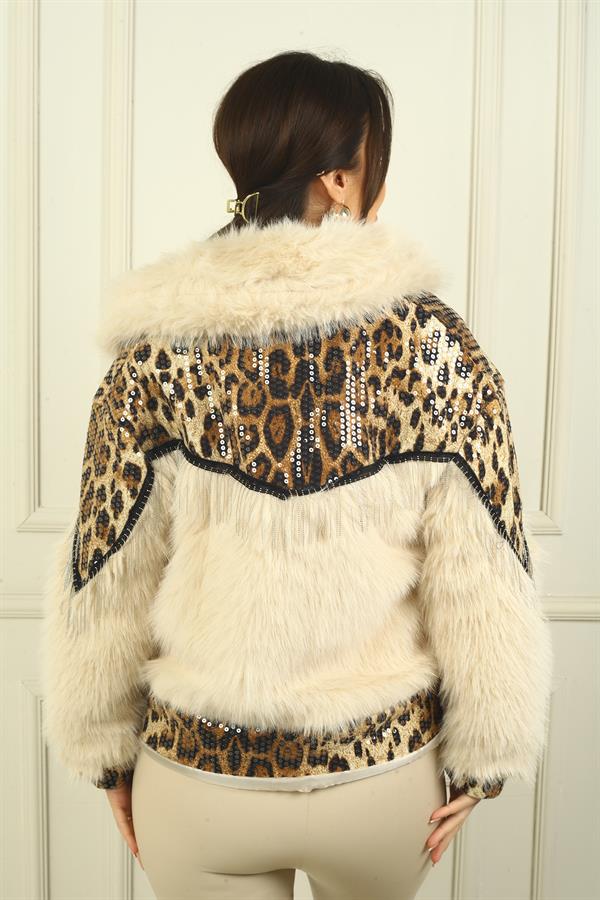 Kadın Leopar Kumaş Detaylı Cepli İçi Astarlı Kürk Ceket