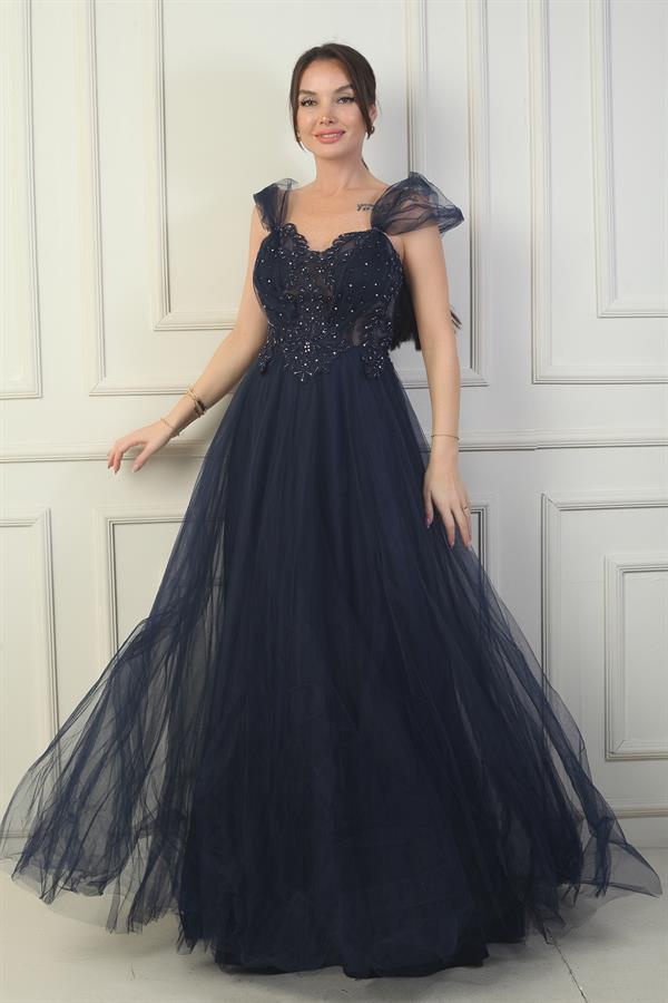 Kadın Ön Arka V Yaka Astarlı Düşük Kollu Üstü Aplike İşleme Prenses Abiye Elbise