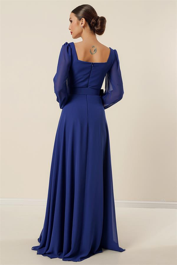 Kare Yaka Beli Kemerli Astarlı Şifon Uzun Abiye