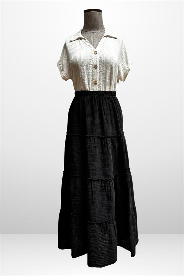 Kadın Beli Lastikli Katlı Müslin Uzun Etek