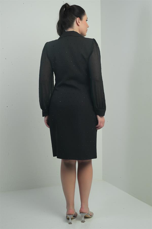 Kadın Kruvaze Yaka Önü Düğmeli Şifon Kollu Boncuklu Büyük Beden Kısa Elbise