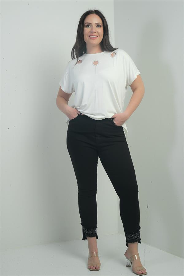 Pantalon en toile grande taille pour femme, coupe slim, orné de pierres et de pompons, en tissu Lycra