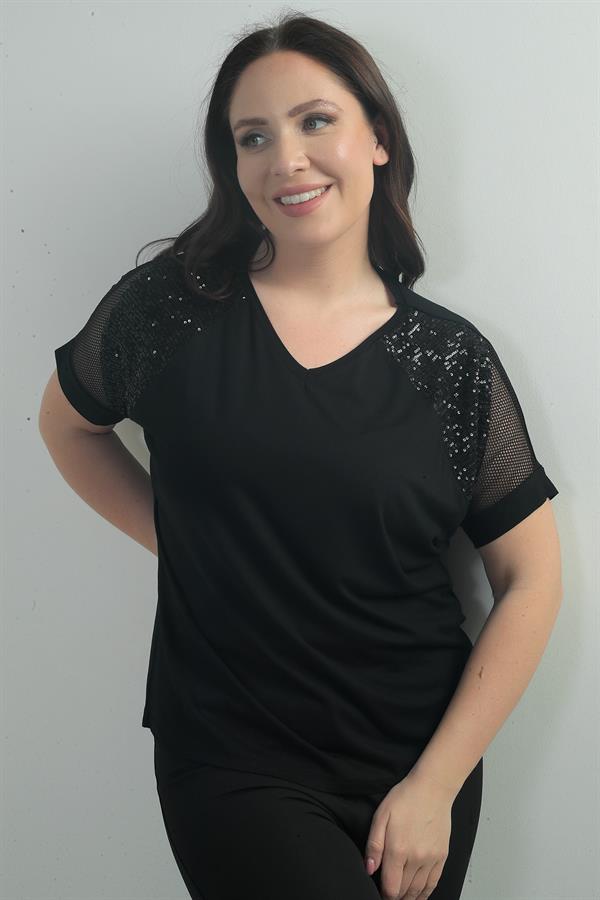 Women's V-Neck, Mesh Shoulder, Sequined, Plus Size Lycra Blouse