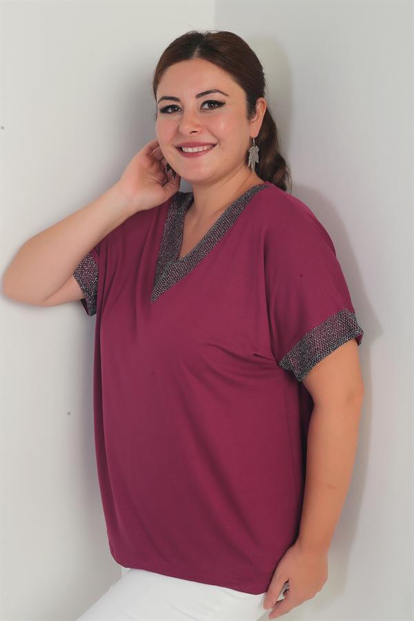Women's Plus Size Blouse with Glitter Mesh Detail on Collar and Cuffs