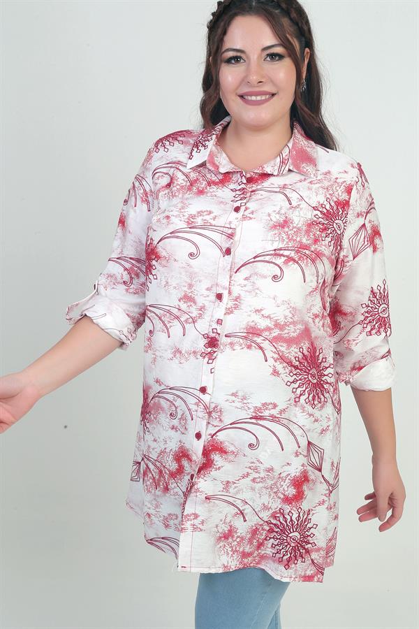 Chemise longue grande taille pour femme, à manches repliées et motif batik