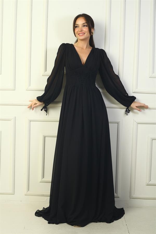 Önden Bağcıklı Balenli Astarlı Uzun Şifon Elbise