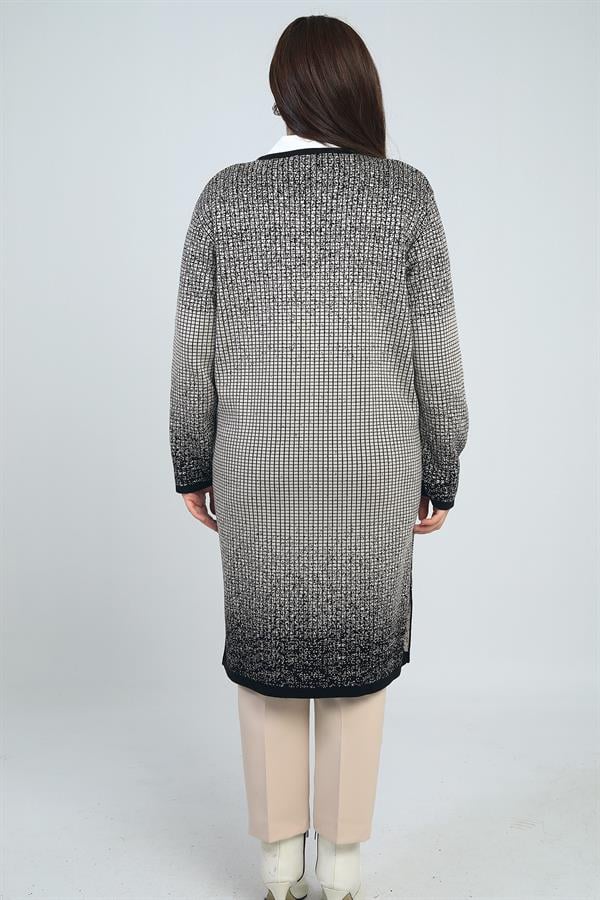 Kadın Karyağdı Kareli Cepli Büyük Beden Triko Uzun Hırka