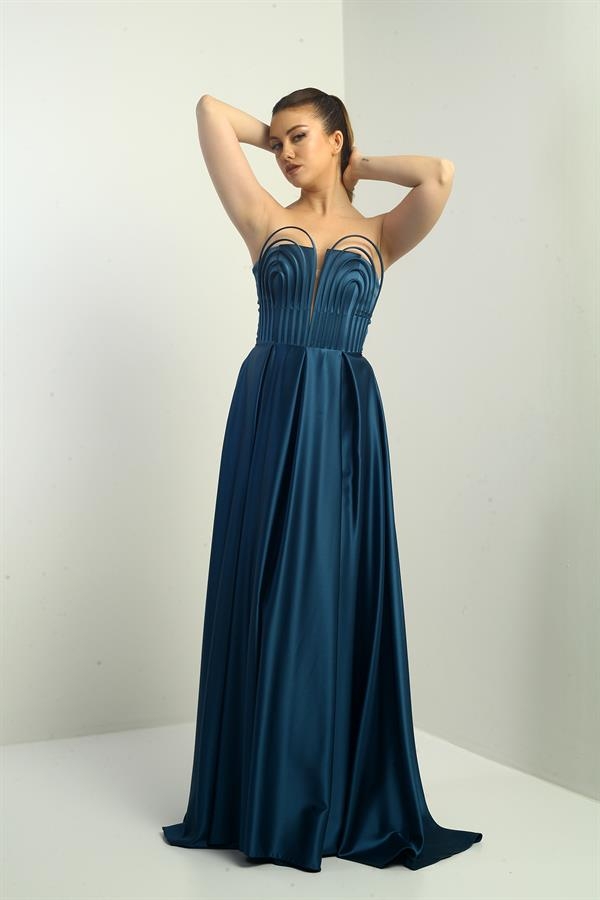 Women's Strapless, Lined, Front Underwire, Flared Long Satin Evening Dress with Pocket