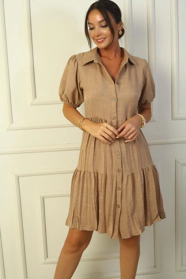 Linen-Effect Dress with Buttoned Front and Gathered Sleeves