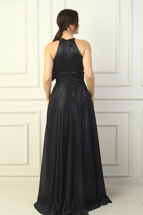 Robe de soirée longue à sequins, dos nu, buste plissé, doublée, pour femme