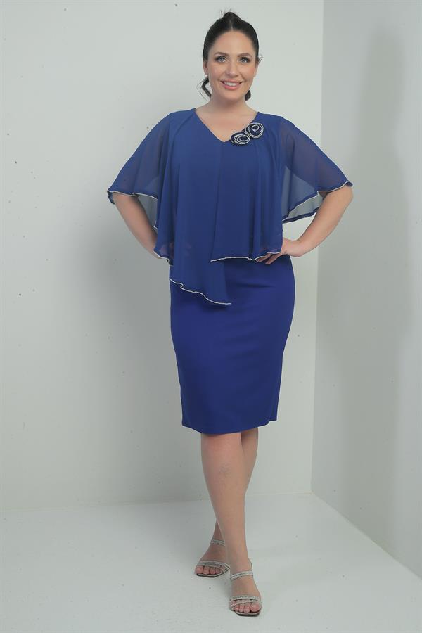 Women's Front and Back V-Neck Chiffon Plus Size Crepe Short Dress with Stone Details and Rose Embellishments