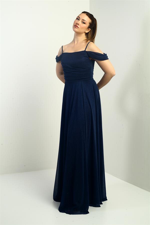 Kadın İp Askılı Eteği Kloş Astarlı Uzun Simli Elbise