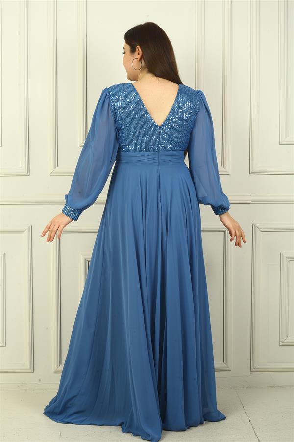 Kadın Ön Arka V Yaka Üstü Pulpayet Astarlı Büyük Beden Uzun Şifon Abiye Elbise