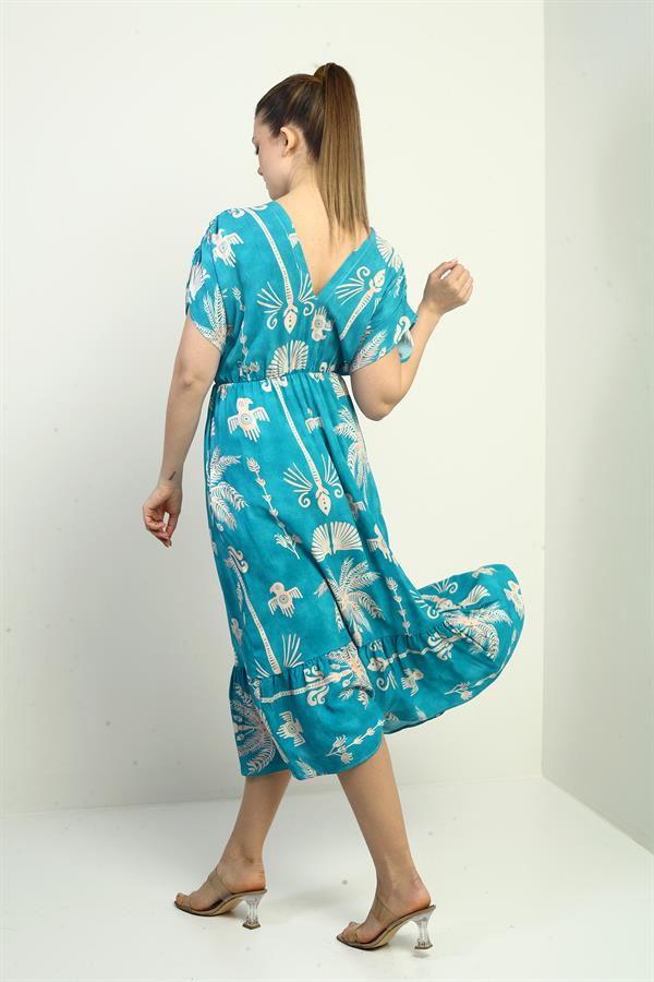 Women's Front and Back V-Neck Batwing Sleeve Palm Tree Print Pocket Ruffled Dress