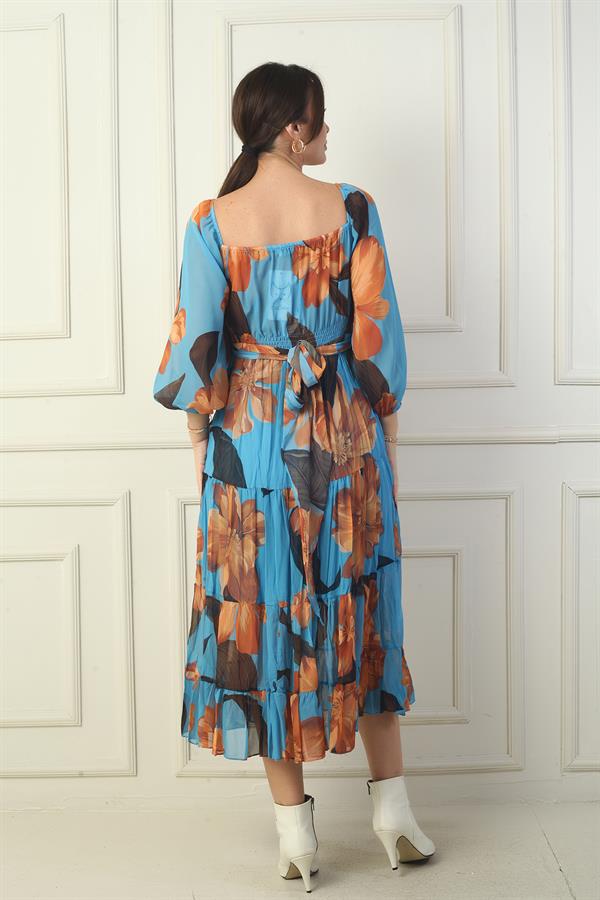 Madonna Neckline Lined Cross-Tie Floral Wrap Chiffon Dress