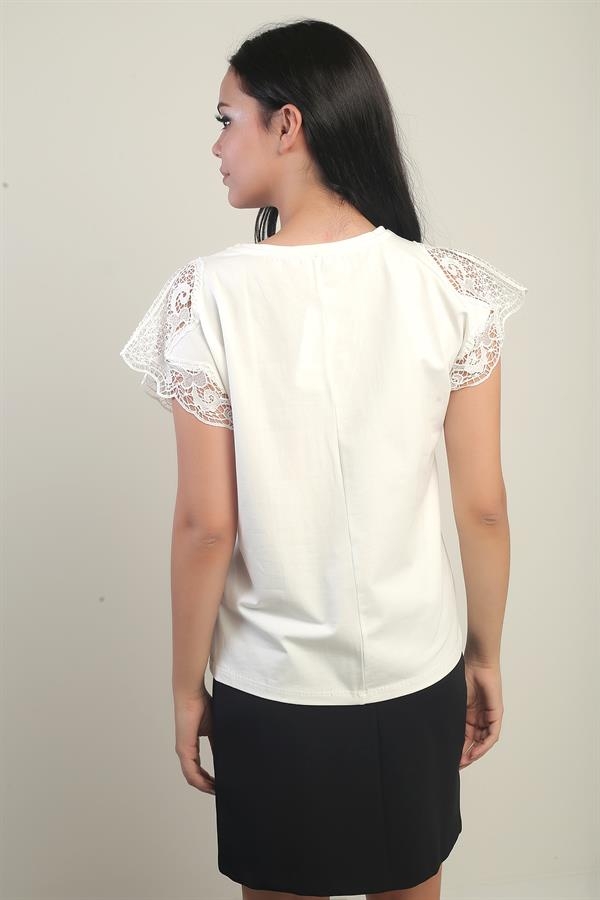 Women's Round Neck Short Lace Sleeve Lycra Blouse